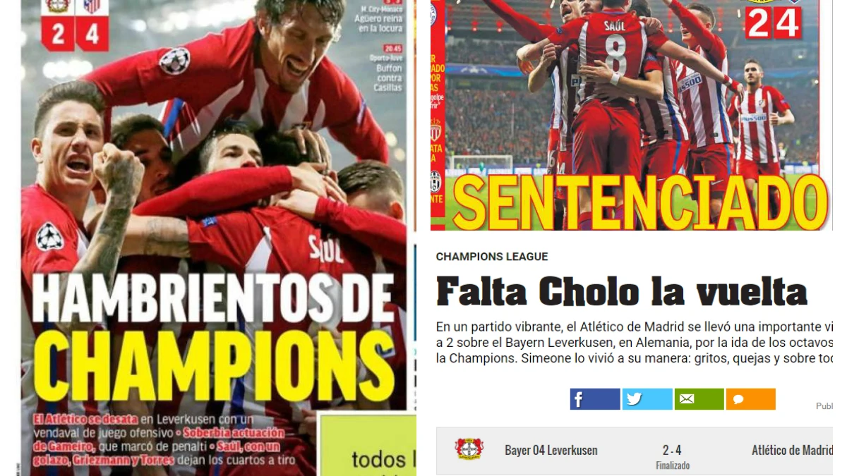 Las portadas tras la victoria del Atleti en Leverkusen