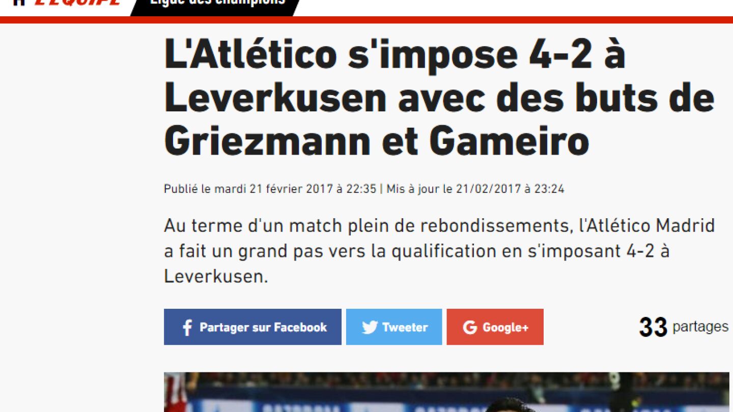 La crónica de 'L'Equipe' tras la victoria del Atlético de Madrid sobre el Bayer