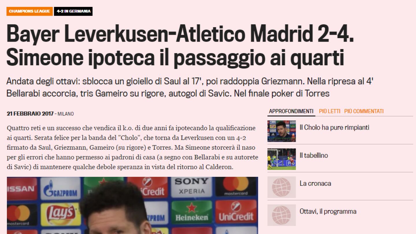La crónica del Bayer-Atlético de la 'Gazzetta dello Sport'