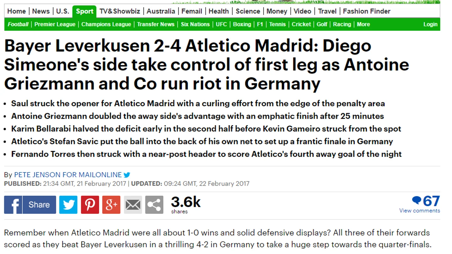 La crónica del Daily Mail sobre el Bayer-Atlético La crónica del Daily Mail sobre el Bayer-Atlético