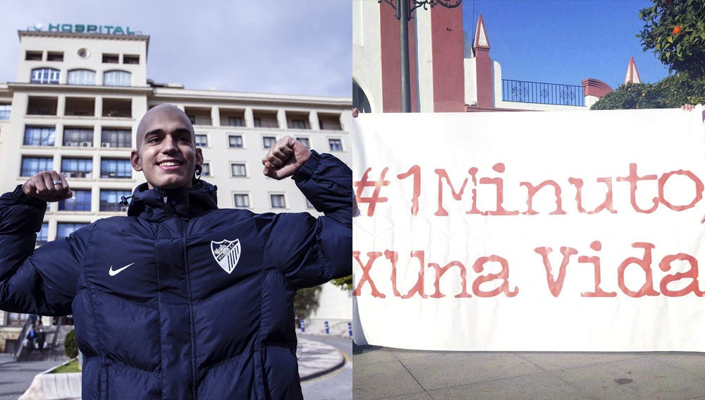 Pablo Ráez y pancarta de la iniciativa #1minutoxunavida