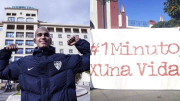 Pablo Ráez y pancarta de la iniciativa #1minutoxunavida