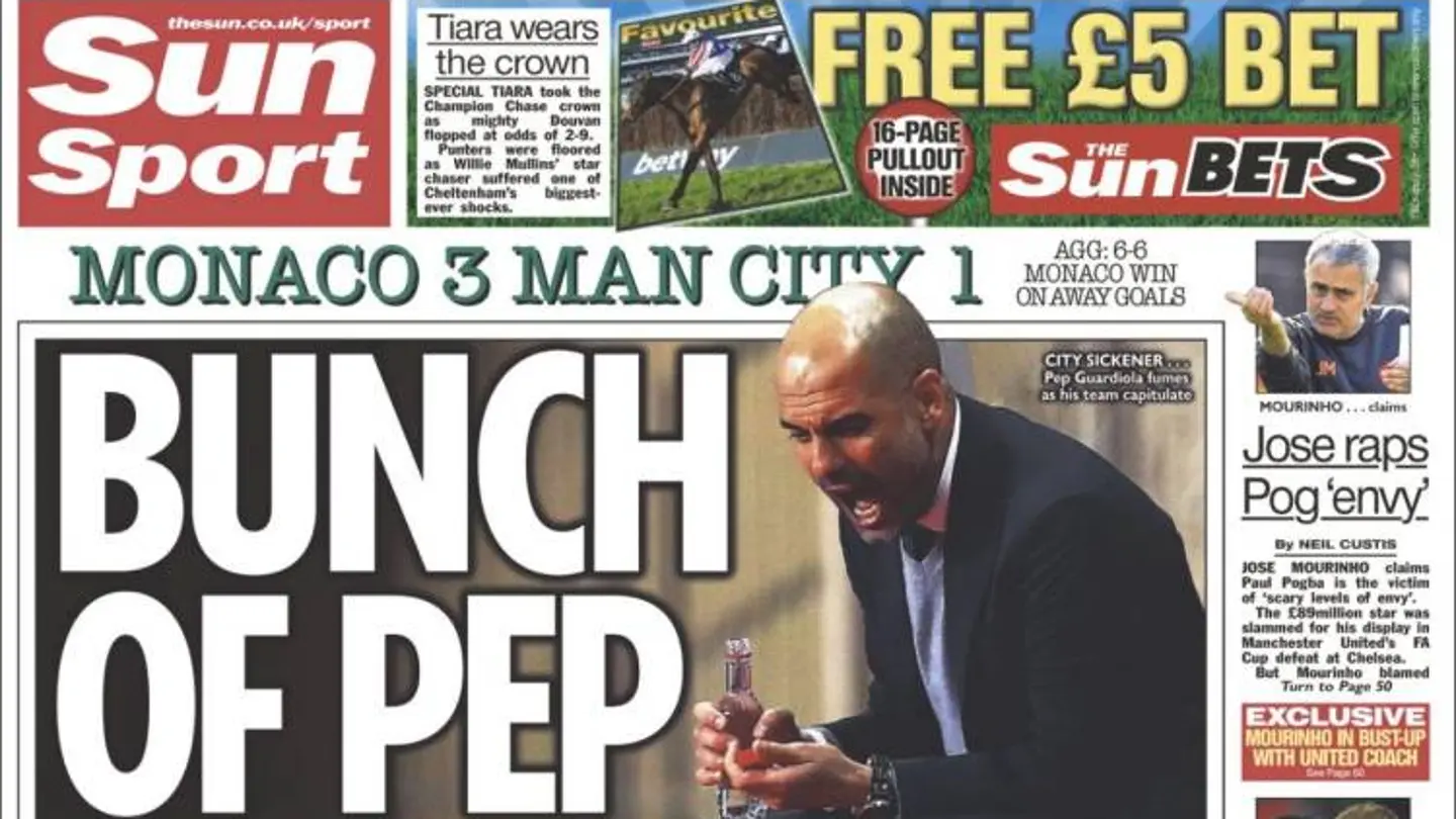 Guardiola, en la portada del 'Sun Sport' Guardiola, en la portada del 'Sun Sport'