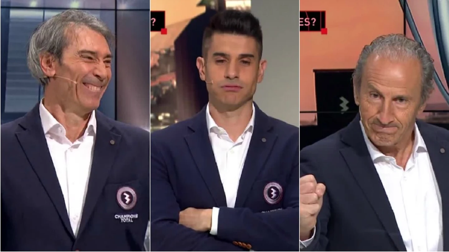 Lobo Carrasco, Álvaro Benito y Petón, durante el sorteo de cuartos de la Champions Lobo Carrasco, Álvaro Benito y Petón, durante el sorteo de cuartos de la Champions