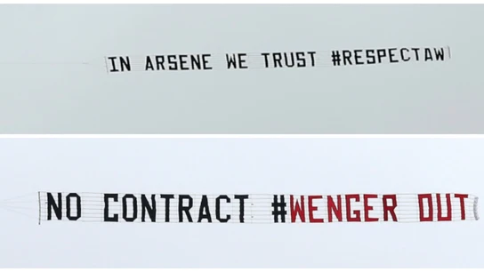 Las pancartas con los mensajes de apoyo y desacuerdo con Wenger Las pancartas con los mensajes de apoyo y desacuerdo con Wenger