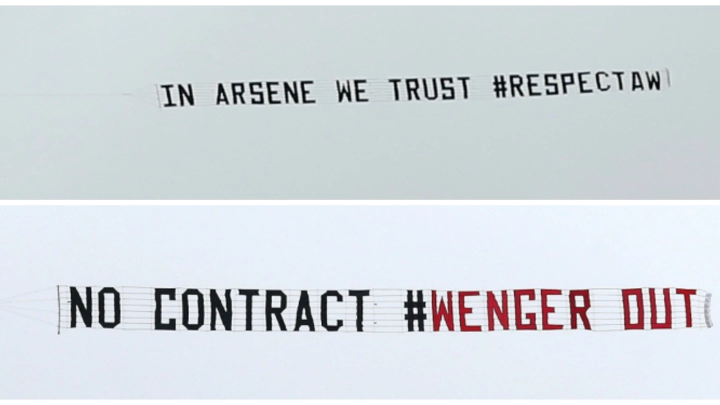 Las pancartas con los mensajes de apoyo y desacuerdo con Wenger Las pancartas con los mensajes de apoyo y desacuerdo con Wenger