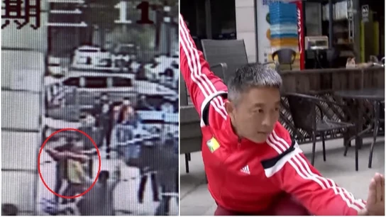 Momento en que el obrero es rescatado en el aire Momento en que el obrero es rescatado en el aire