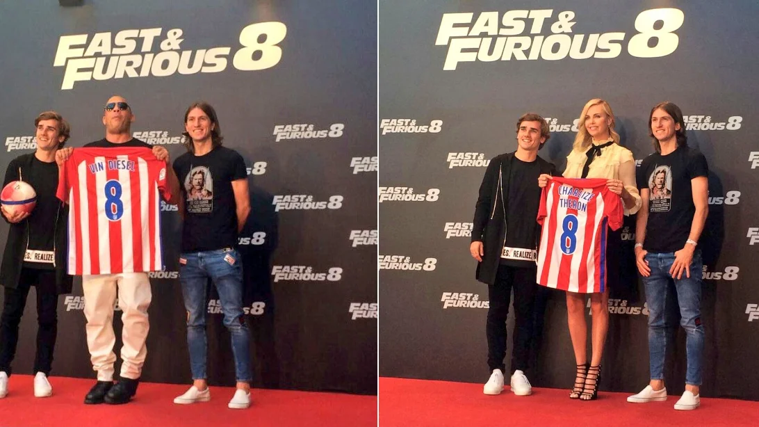 Vin Diesel y Charlize Theron, junto a Griezmann y Filipe Luis