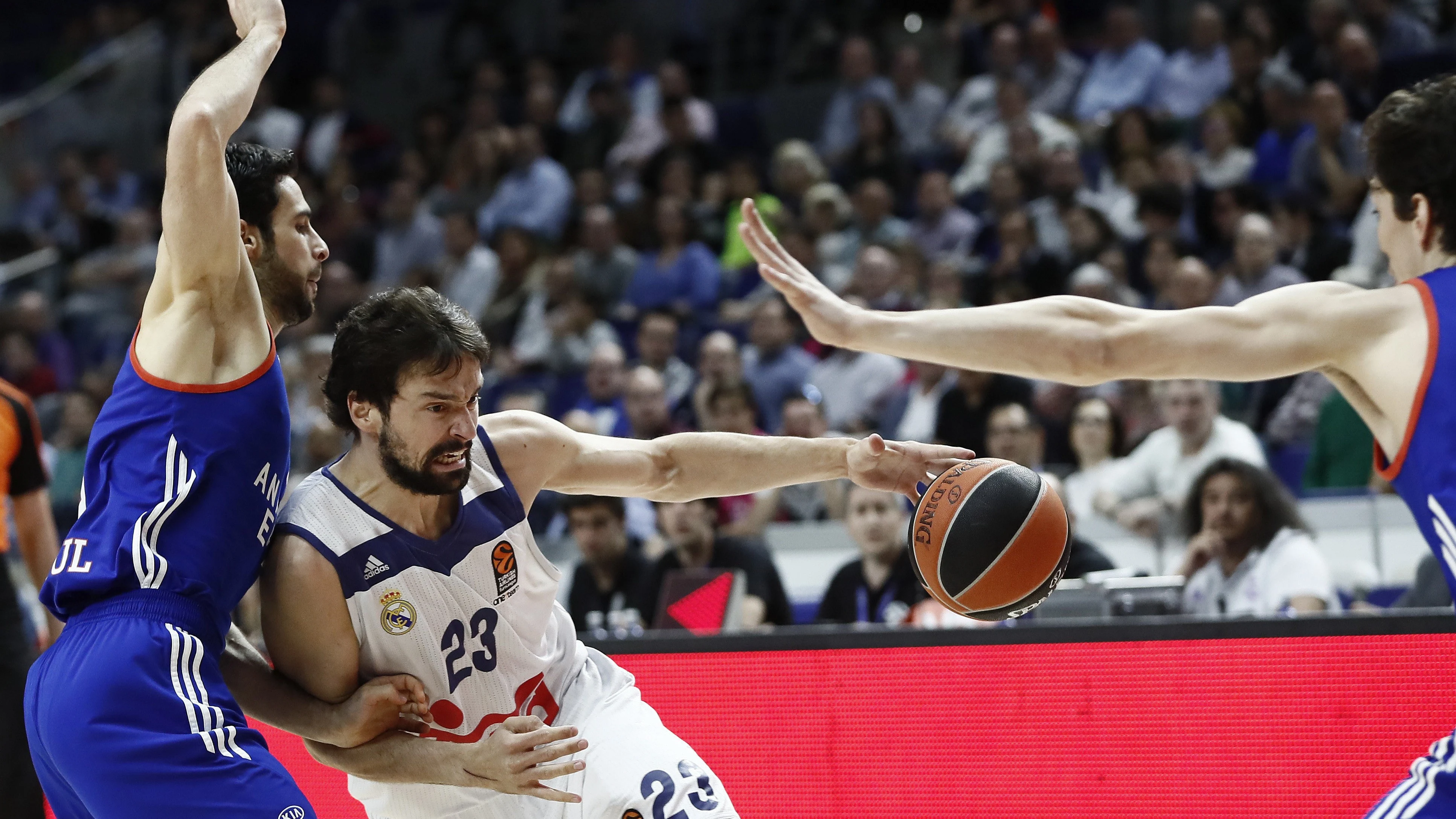 Llull avanza hacia la canasta rival ante el Anadolu Efes