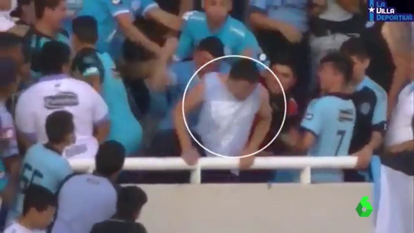 Frame 82.937142 de: Las duras im&aacute;genes en las que los ultras de Belgrano arrojan a un aficionado al vac&iacute;o
