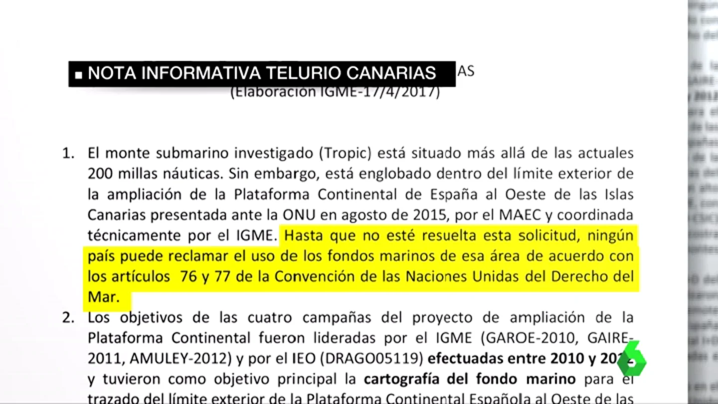 Frame 19.172824 de: España pide a la ONU la soberanía de las aguas donde está el yacimiento de telurio Frame 19.172824 de: España pide a la ONU la soberanía de las aguas donde está el yacimiento de telurio