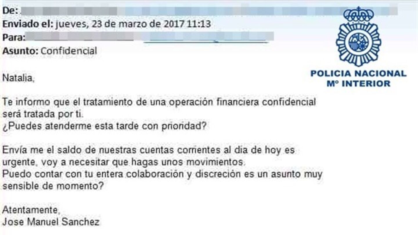 En la imagen se muestra uno de los correos electr&oacute;nicos enviado por los cibercriminales 