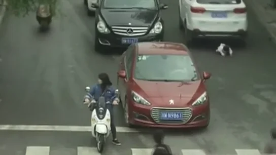 La pequeña cruzando peligrosamente la calle La pequeña cruzando peligrosamente la calle