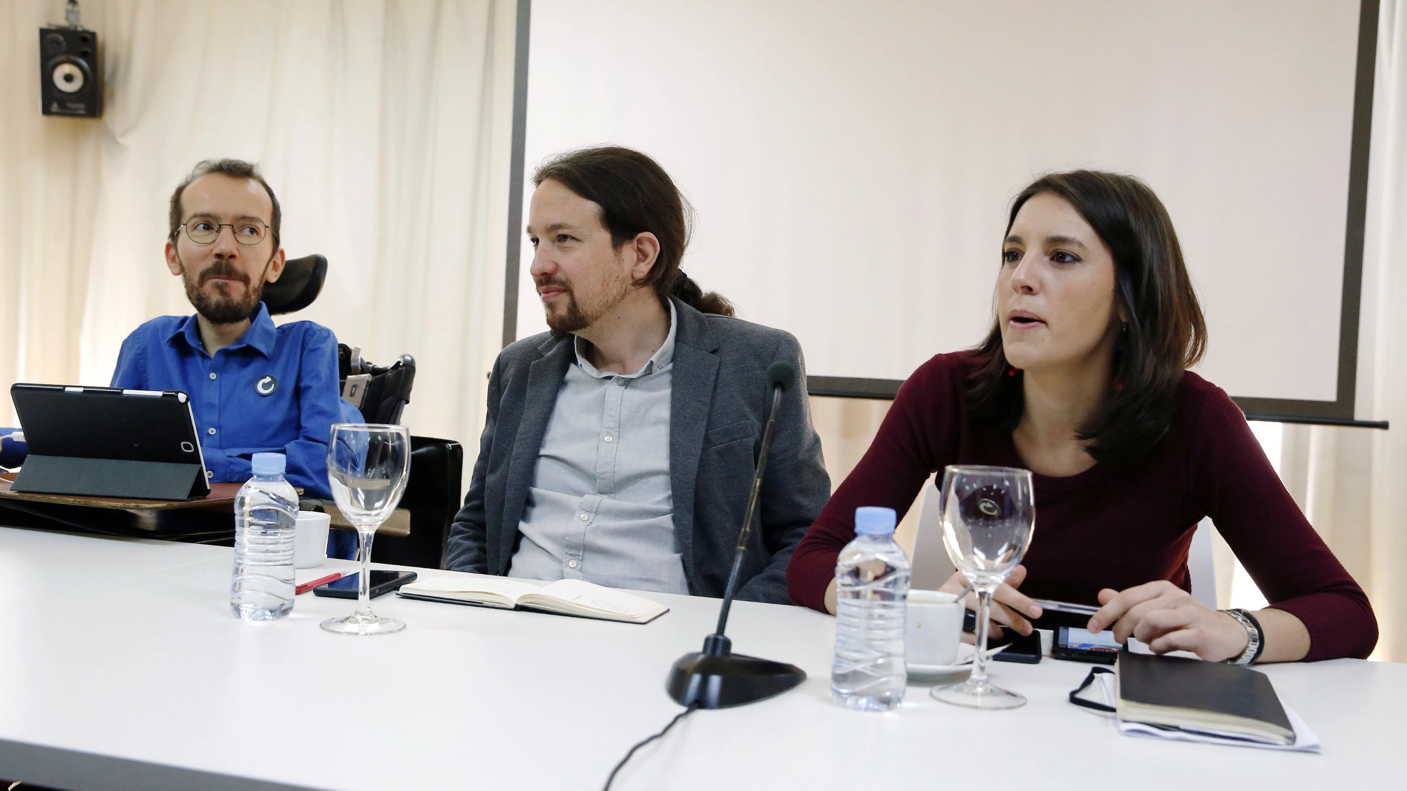 Los líderes de Podemos, Pablo Iglesias, Pablo Echenique e Irene Montero