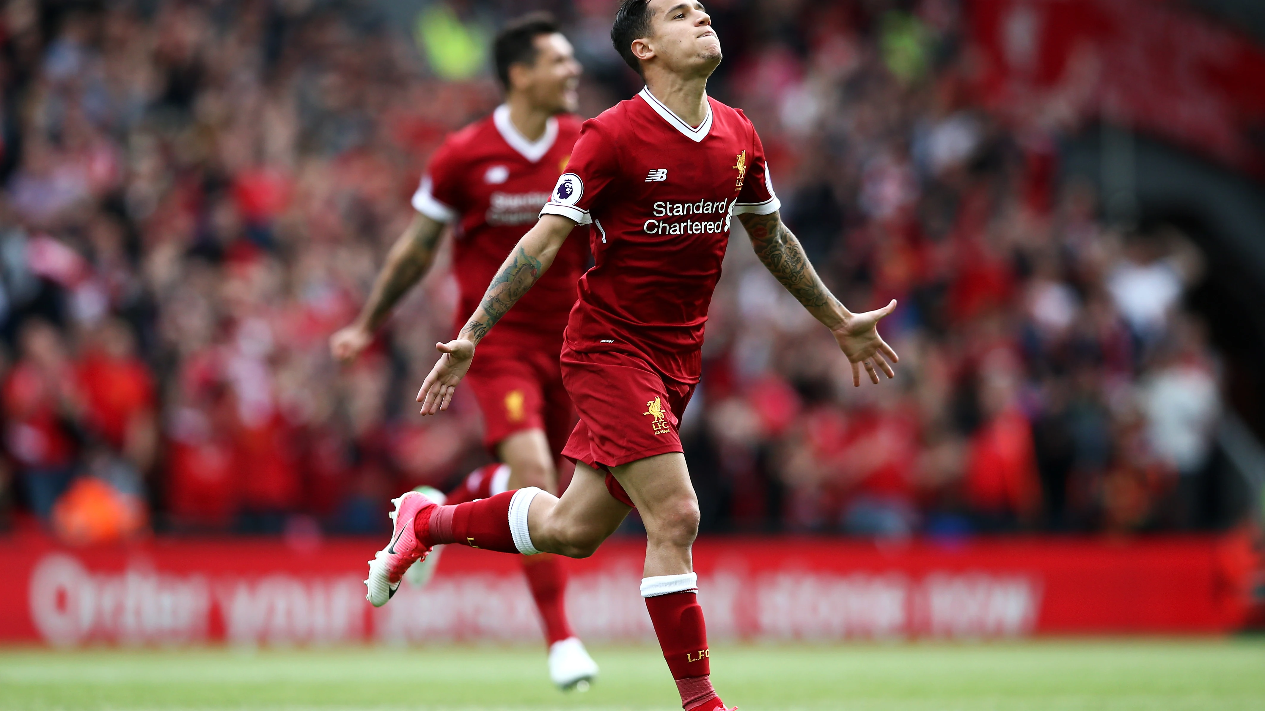 Coutinho celebra uno de los goles del Liverpool