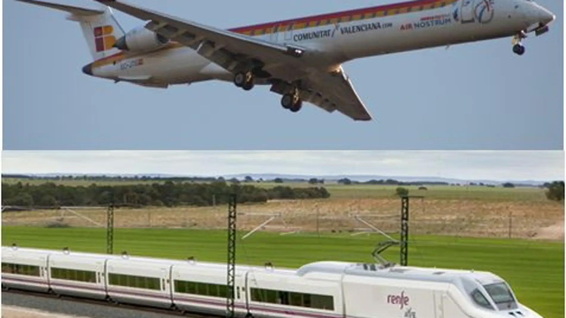 Fotografía de un tren de alta velocidad y un avión. Fuente: Elaboración propia. Imágenes tomadas de pixabay.com y Renfe.com