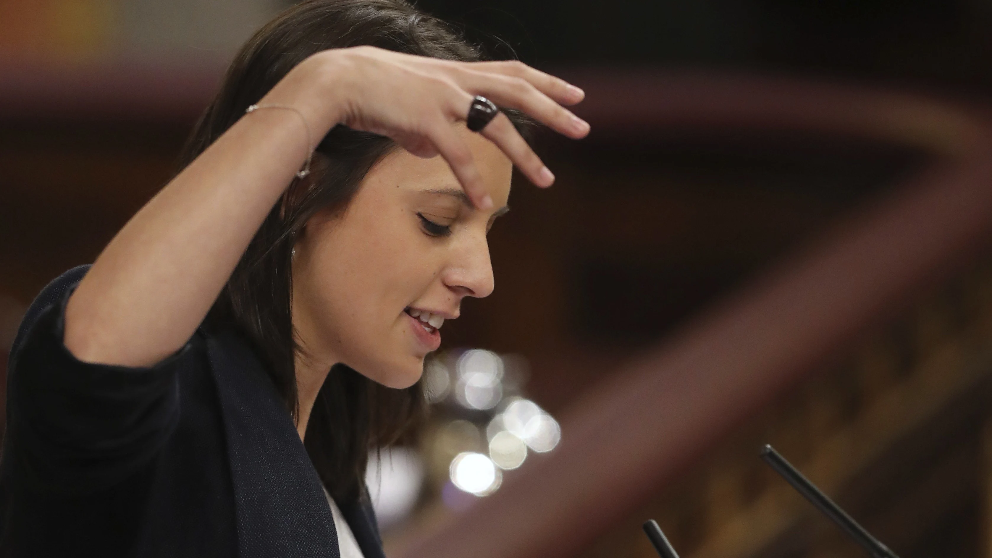 La portavoz de Unidos Podemos, Irene Montero, durante su intervención