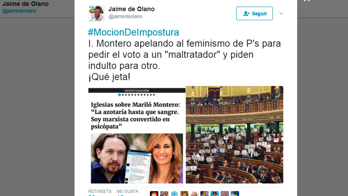 El polémico tuit del diputado Jaime Olano sobre Pablo Iglesias El polémico tuit del diputado Jaime Olano sobre Pablo Iglesias