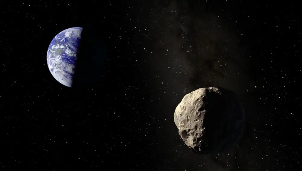 Representación artística de Apophis a punto de iniciar el sobrevuelo a la Tierra Representación artística de Apophis a punto de iniciar el sobrevuelo a la Tierra