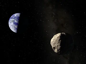 Representación artística de Apophis a punto de iniciar el sobrevuelo a la Tierra Representación artística de Apophis a punto de iniciar el sobrevuelo a la Tierra