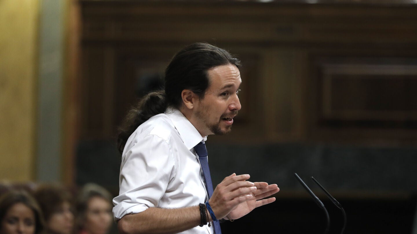 El l&iacute;der de Podemos, Pablo Iglesias, durante su intervenci&oacute;n