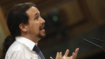 El líder de Podemos, Pablo Iglesias, durante su intervención