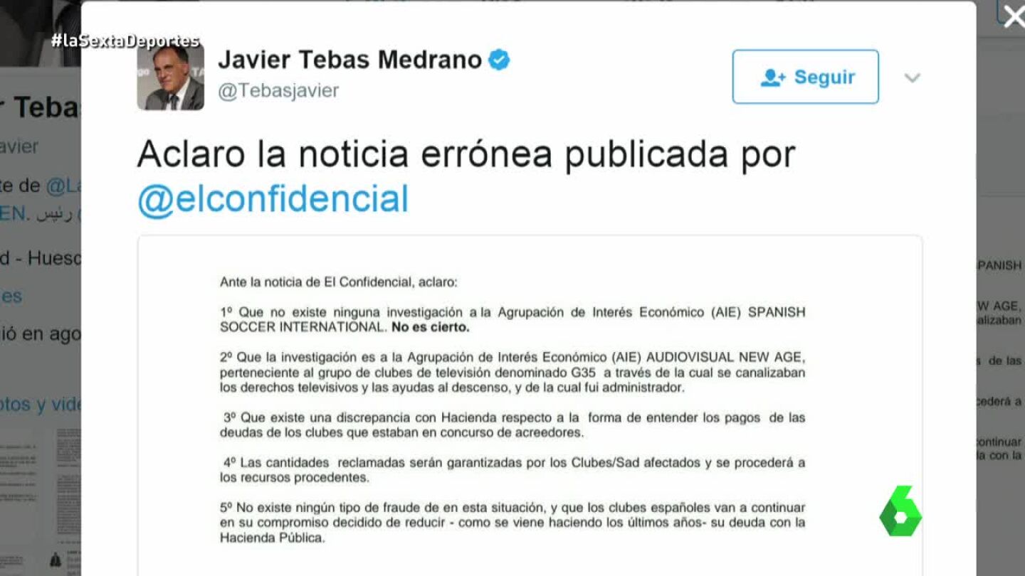 Aclaraci&oacute;n de Javier Tebas a noticia de El Confidencial