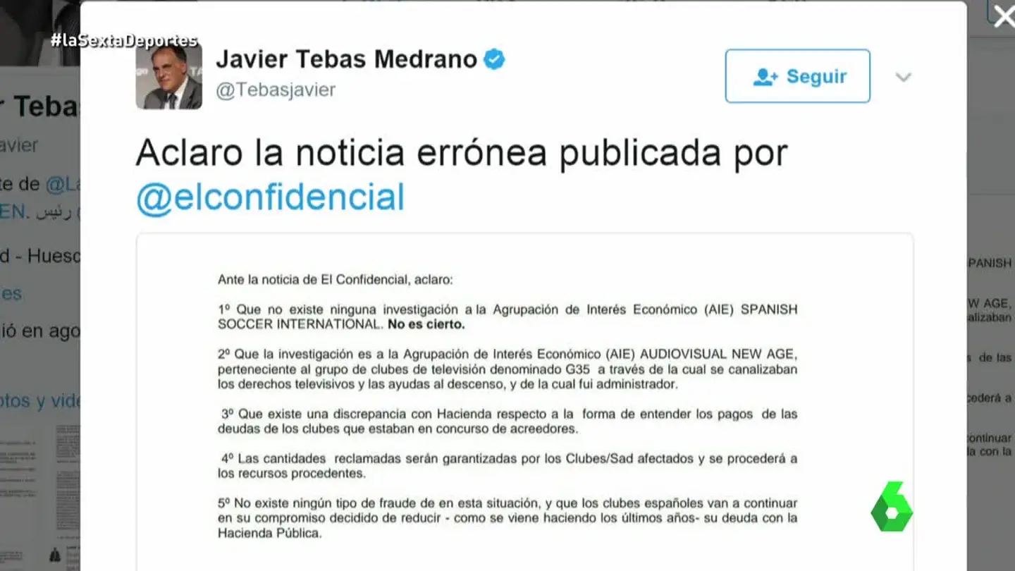 Aclaración de Javier Tebas a noticia de El Confidencial Aclaración de Javier Tebas a noticia de El Confidencial