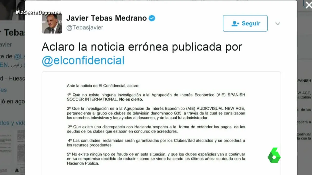 Aclaración de Javier Tebas a noticia de El Confidencial