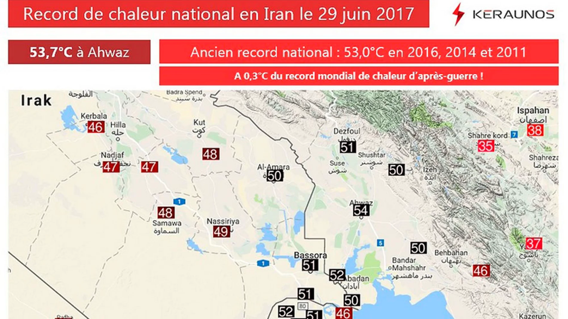 Mapa del tiempo en Irán que registra los 54 grados en Ahvaz