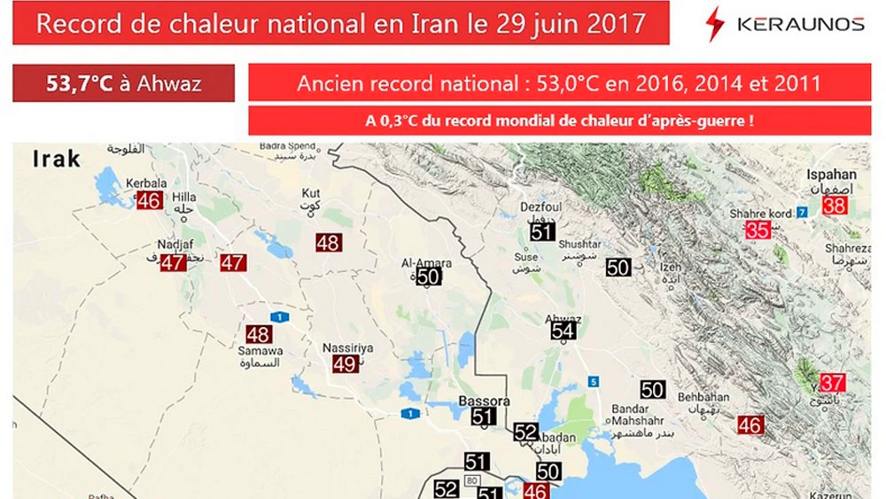 Mapa del tiempo en Irán que registra los 54 grados en Ahvaz