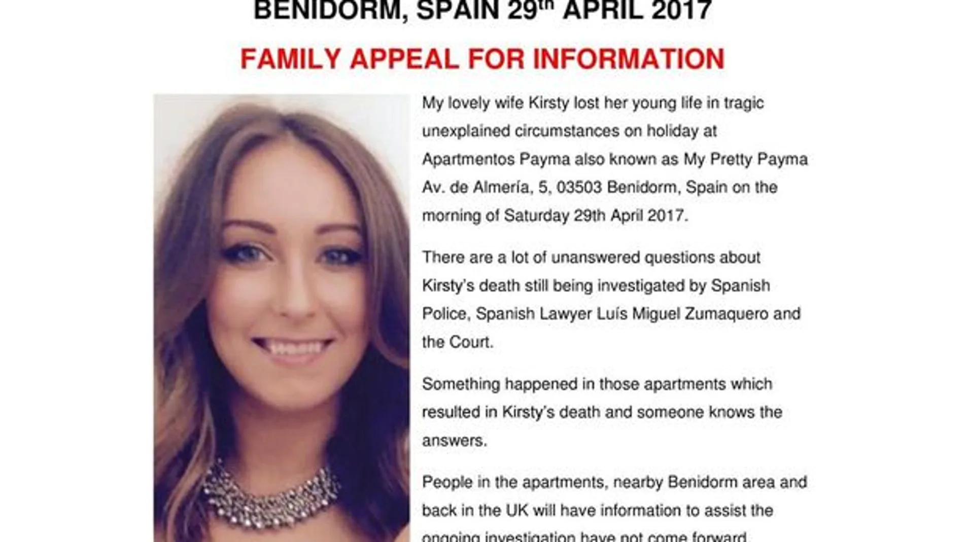 Cartel de la familia de Kirsty para encontrar más datos sobre su muerte