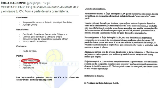 La polémica oferta de empleo del Écija Balompié La polémica oferta de empleo del Écija Balompié