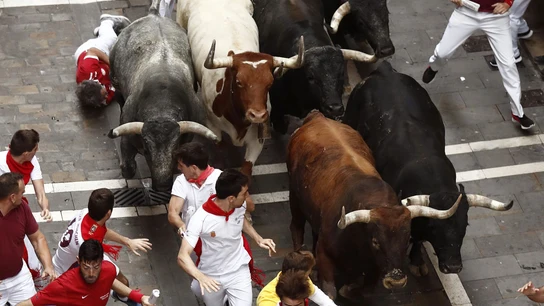 Octavo encierro de San Fermín 2017 con toros Miura El último encierro de los Sanfermines 2017 han contado con los toros de Miura, de Lora del Río (Sevilla).