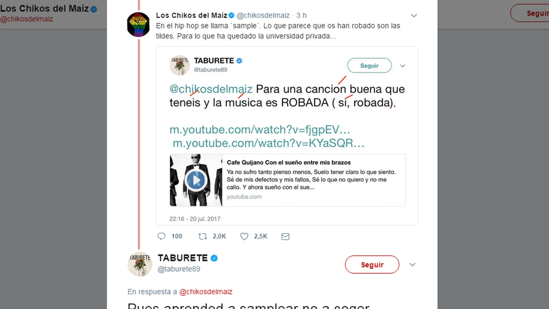 Guerra en Twitter entre Taburete y Los Chikos del Maíz