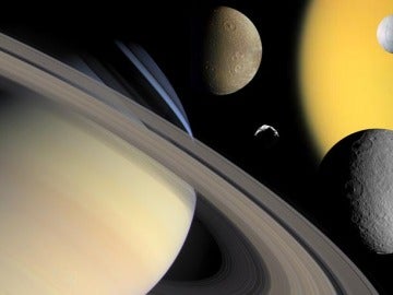 Saturno y algunos satélites, entre ellos Titán Saturno y algunos satélites, entre ellos Titán