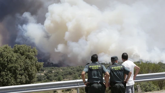 Agentes observan el incendio forestal en la localidad zamorana de Pino del Oro Agentes observan el incendio forestal en la localidad zamorana de Pino del Oro
