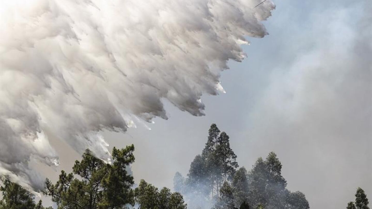 Un hidroavi&oacute;n descarga agua sobre un incendio forestal declarado en Bracal, Abrantes 
