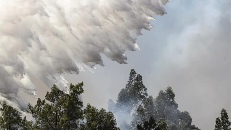 Un hidroavión descarga agua sobre un incendio forestal declarado en Bracal, Abrantes 