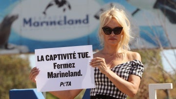 La actriz Pamela Anderson se manifiesta ante el parque marino Marineland