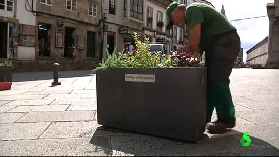 Un operario colocando los maceteros Un operario colocando los maceteros
