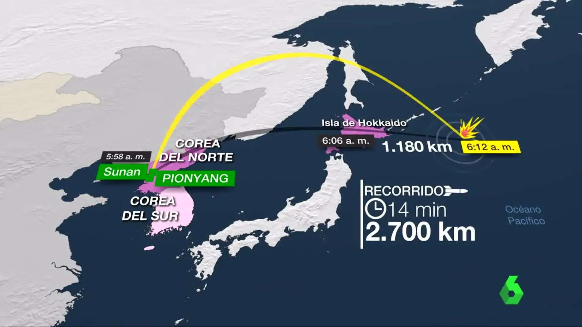 El recorrido del misil lanzado por Corea del Norte sobre Japón