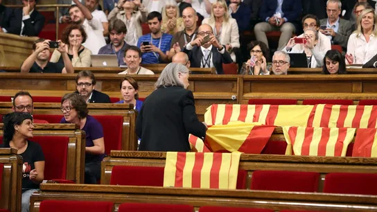 Àngels Martínez retirando las banderas de España en el Parlament Àngels Martínez retirando las banderas de España en el Parlament