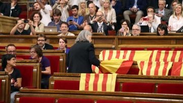  Àngels Martínez retirando las banderas de España en el Parlament