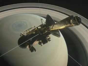 Recreación de la sonda Cassini sobrevolando el polo norte de Saturno Recreación de la sonda Cassini sobrevolando el polo norte de Saturno