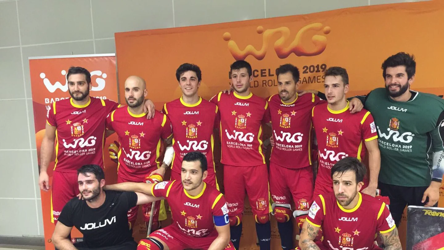 La selección española de hockey patines, durante los Roller Games La selección española de hockey patines, durante los Roller Games