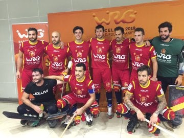 La selección española de hockey patines, durante los Roller Games La selección española de hockey patines, durante los Roller Games