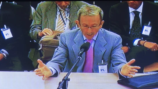 Vista de la pantalla de la sala de prensa de la Audiencia con la comparecencia del expresidente de la entidad Francisco Briones Vista de la pantalla de la sala de prensa de la Audiencia con la comparecencia del expresidente de la entidad Francisco Briones