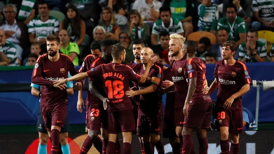 El Barça celebra el gol en propia puerta del Sporting El Barça celebra el gol en propia puerta del Sporting