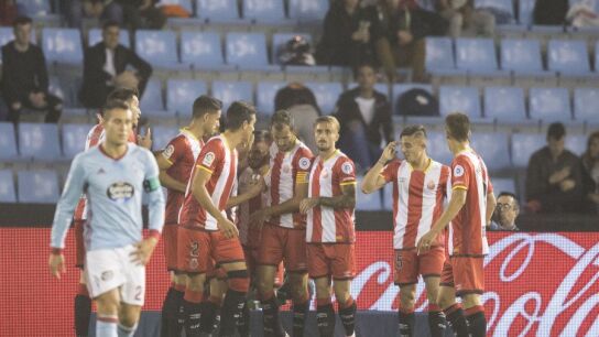El Girona celebra en grupo uno de los goles contra el Celta
